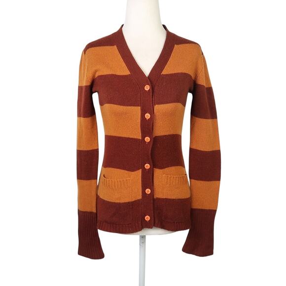 Vintage 70s Mine Doll Brown Tan Rugby Stripe Cardigan Sweater S - Picture 2 of 6